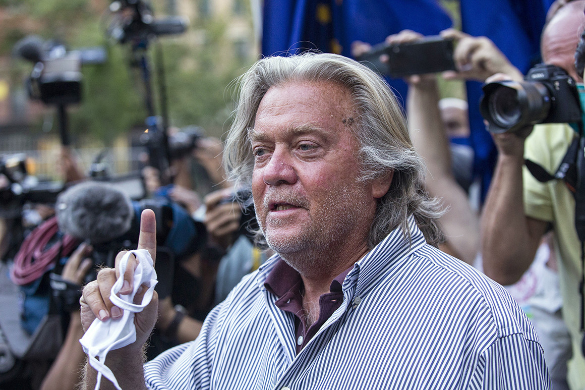 President Donald Trump's former chief strategist, Steve Bannon, speaks with reporters Aug. 20 in New York.