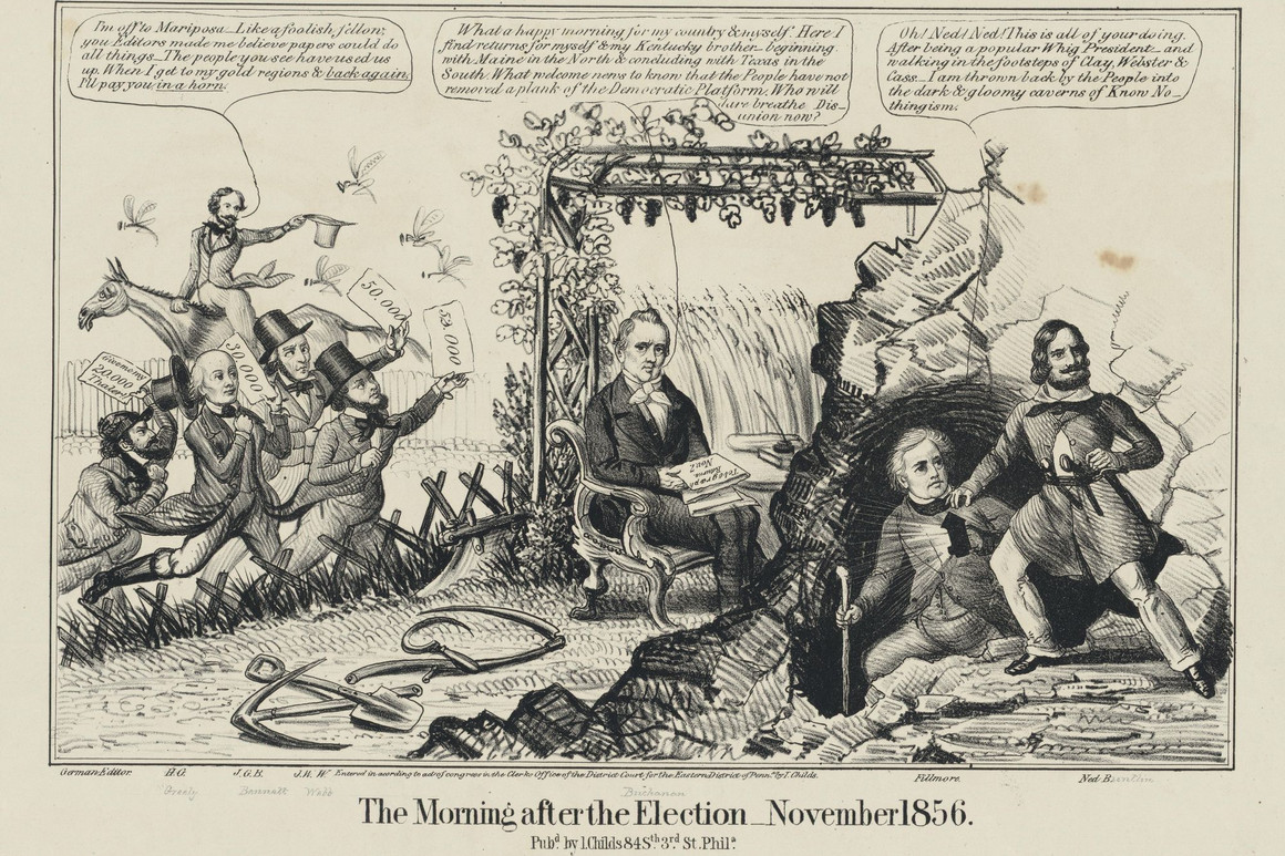 This 1856 political cartoon, titled “The Morning After the Election, November 1856,” depicts the responses of the three candidates to the results of the election. Winning Democrat James Buchanan sits reading the returns of the election while newspaper editors approach from the left. Behind them the defeated Republican candidate John C. Fremont rides off into the West. To the right the second defeated candidate, Millard Fillmore, laments his fall into "Know-Nothingism."