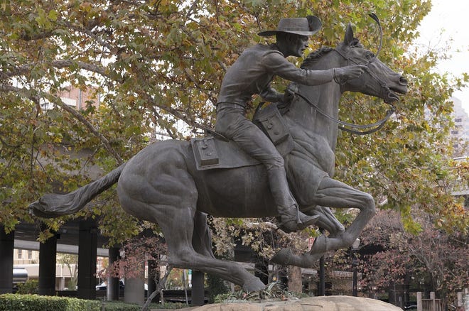 The Pony Express statue, by sculptor Thomas Holland in Old Sacramento, California, celebrates the arrival of the Pony Express in 1860.