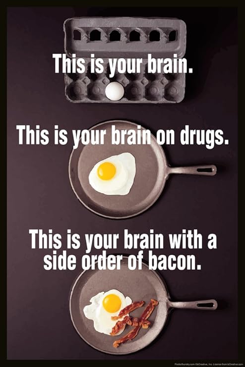 Amazon.com: This is Your Brain On Drugs with A Side of Bacon Funny Cool  Wall Decor Art Print Poster 12x18: Posters & Prints