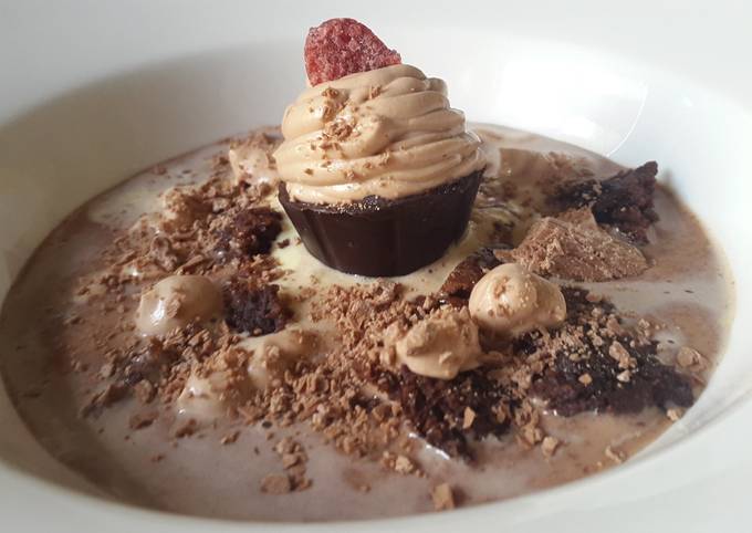 Chocolate soup with brownie croutons and mousse dessert recipe main photo