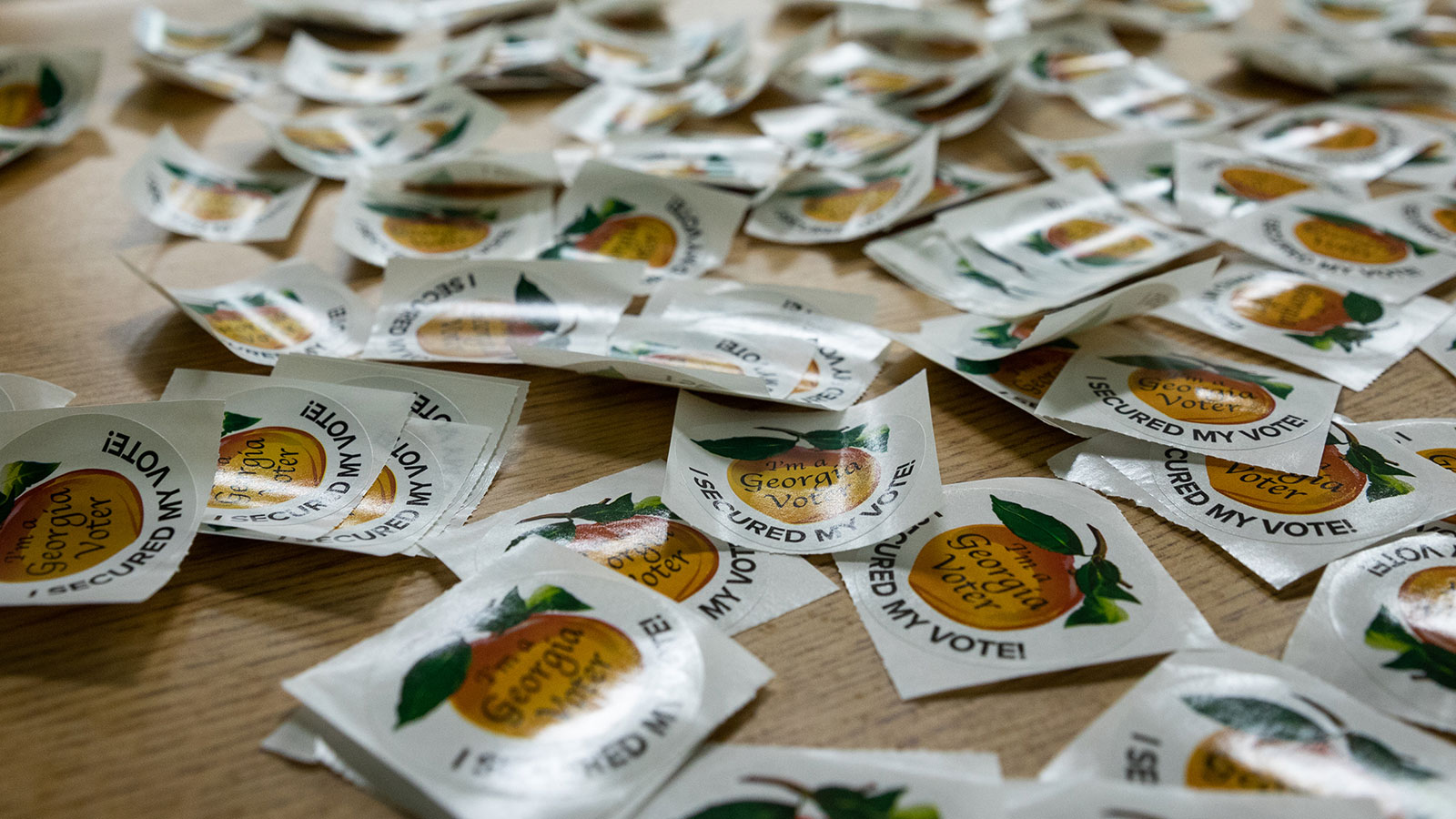 Voting stickers are laid out on a table at a polling location in Atlanta on Tuesday.